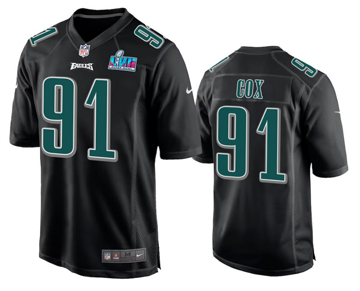 Men's Philadelphia Eagles #91 Fletcher Cox Black Super Bowl LVII Patch Stitched Game Jersey Men's Philadelphia Eagles #91 Fletcher Cox Black Super Bowl LVII Patch Stitched Game Jersey